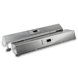 Zwei Edelstahl Klemmleisten mit Schrauben und Kunststoff Füßen